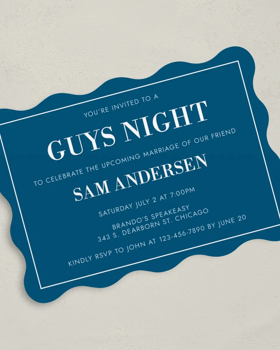 This is a 5" x 7" Bachelor Party Invitation called Mod Groom printed in full color with Rose Gold foil on Luxe Satin (coated) paper