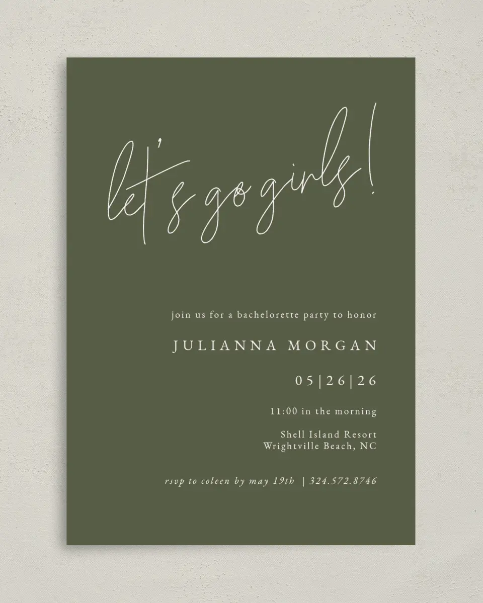 This is a 5" x 7" Bachelorette Party Invitation called Modern Bachelorette printed in full color on Premium Smooth paper