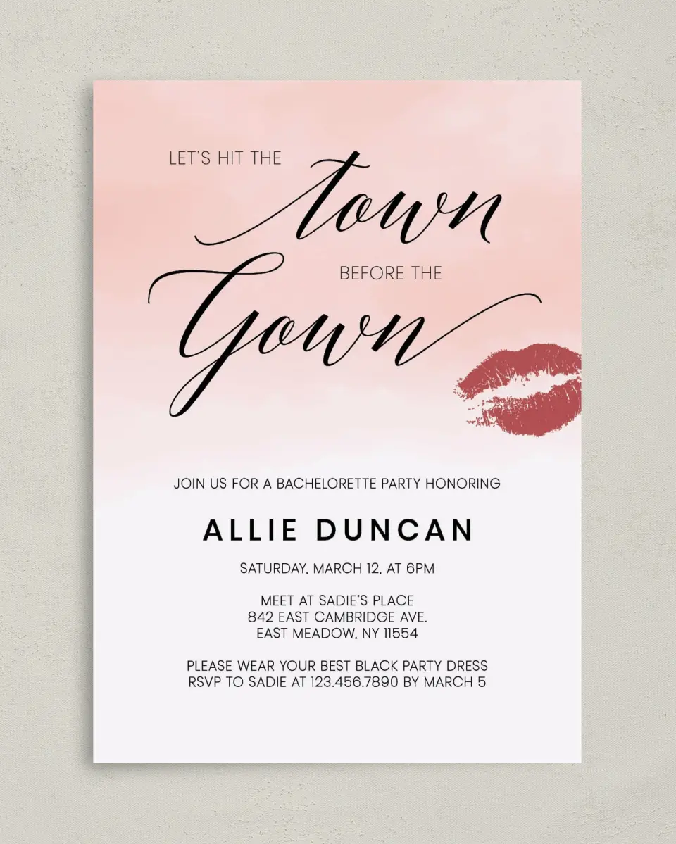 This is a 5" x 7" Bachelorette Party Invitation called Hitting the Town printed in full color on Premium Smooth paper