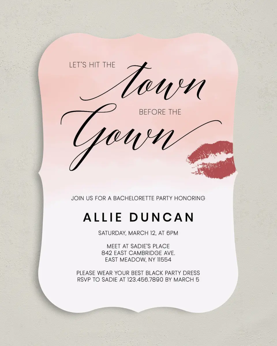 This is a 5" x 7" Bachelorette Party Invitation called Hitting the Town printed in full color on Premium Smooth paper