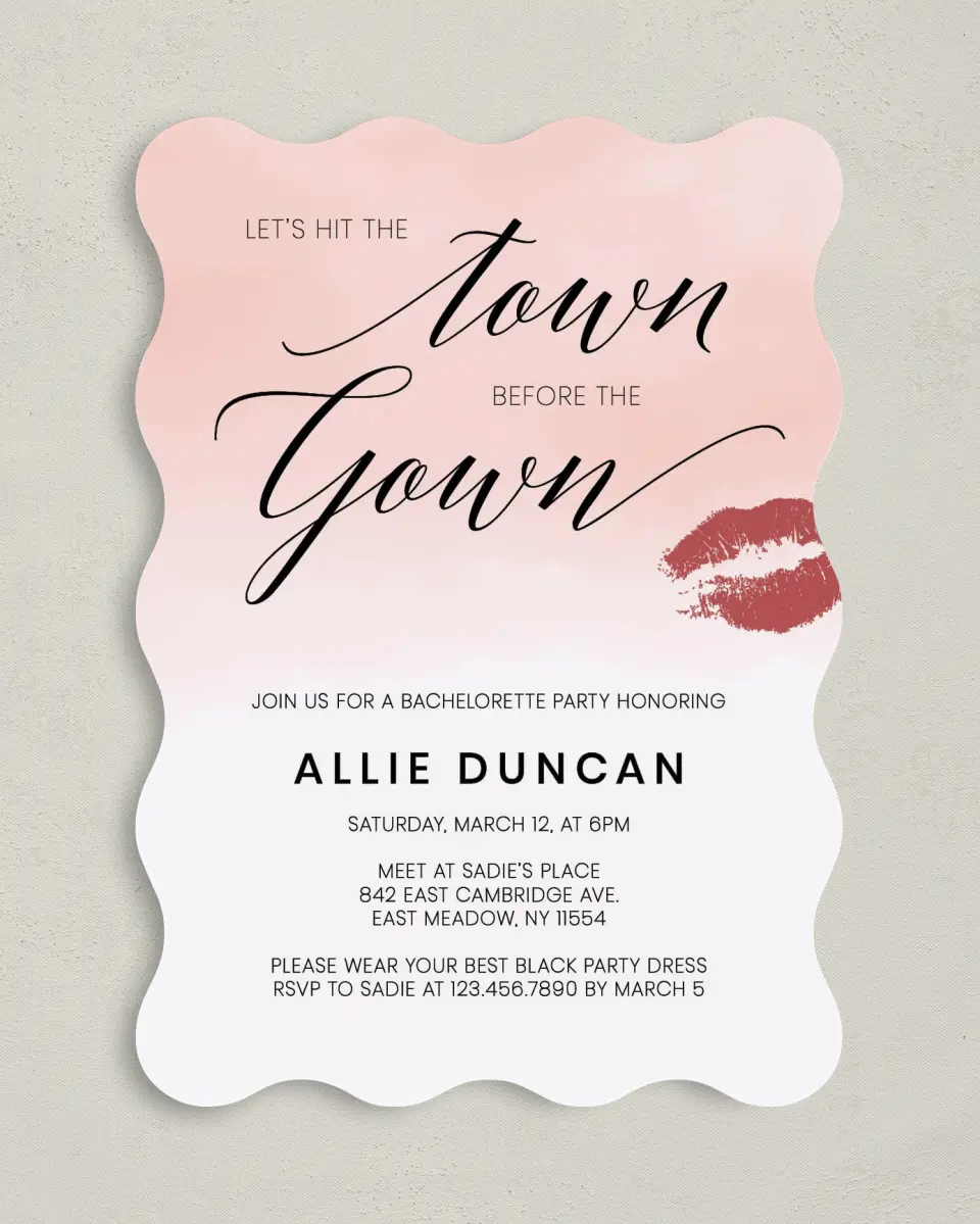 This is a 5" x 7" Bachelorette Party Invitation called Hitting the Town printed in full color on Premium Smooth paper