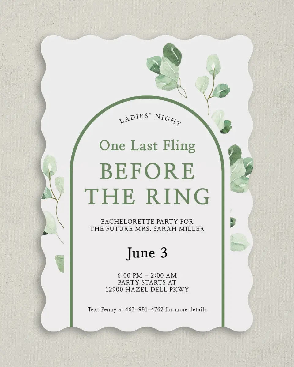This is a 5" x 7" Bachelorette Party Invitation called Mod Greenery printed in full color on Premium Smooth paper