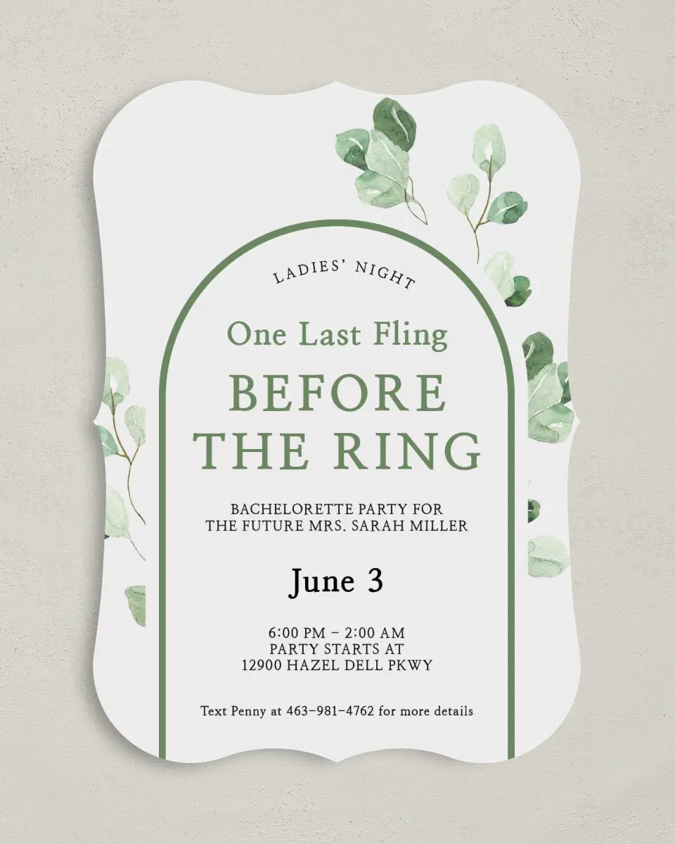 This is a 5" x 7" Bachelorette Party Invitation called Mod Greenery printed in full color on Premium Smooth paper