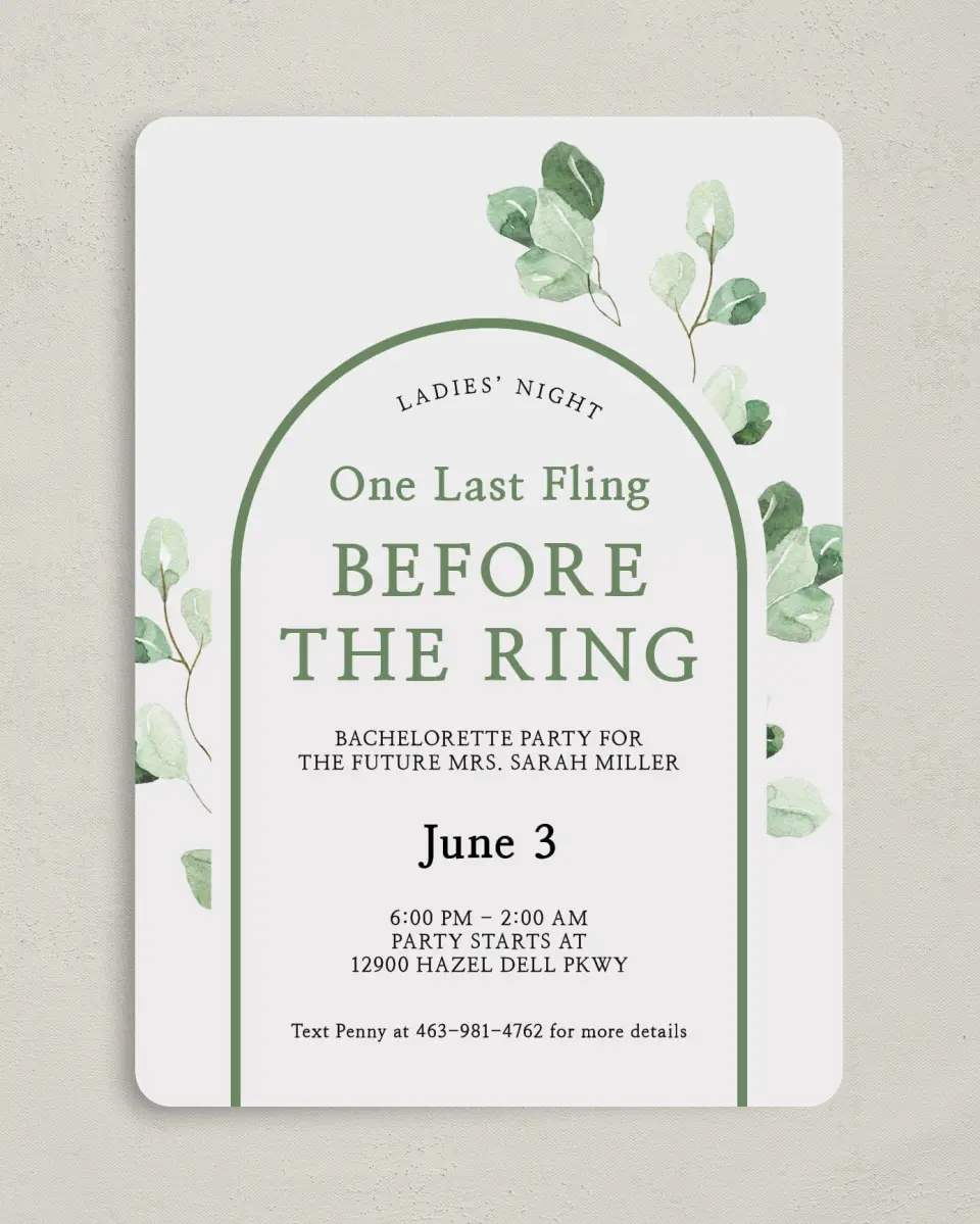 This is a 5" x 7" Bachelorette Party Invitation called Mod Greenery printed in full color on Premium Smooth paper