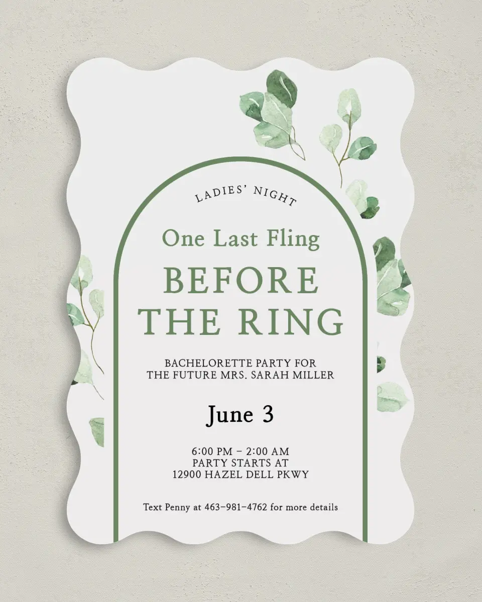 This is a 5" x 7" Bachelorette Party Invitation called Mod Greenery printed in full color on Premium Smooth paper