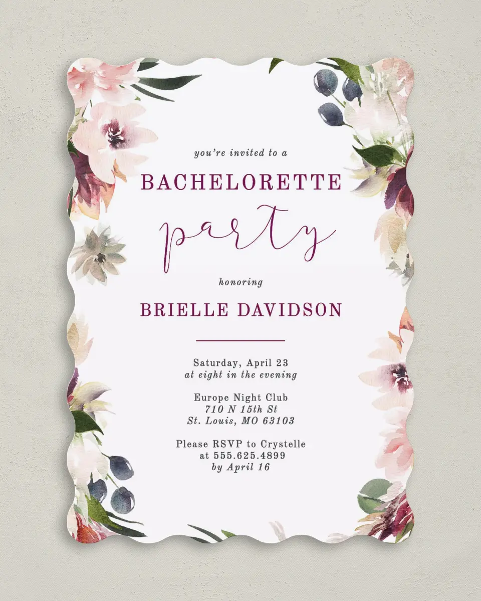 This is a 5" x 7" Bachelorette Party Invitation called Floral Festivity printed in full color on Premium Smooth paper