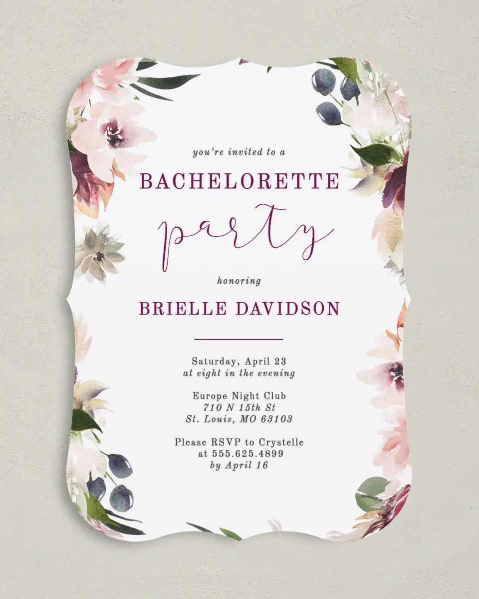 This is a 5" x 7" Bachelorette Party Invitation called Floral Festivity printed in full color on Premium Smooth paper