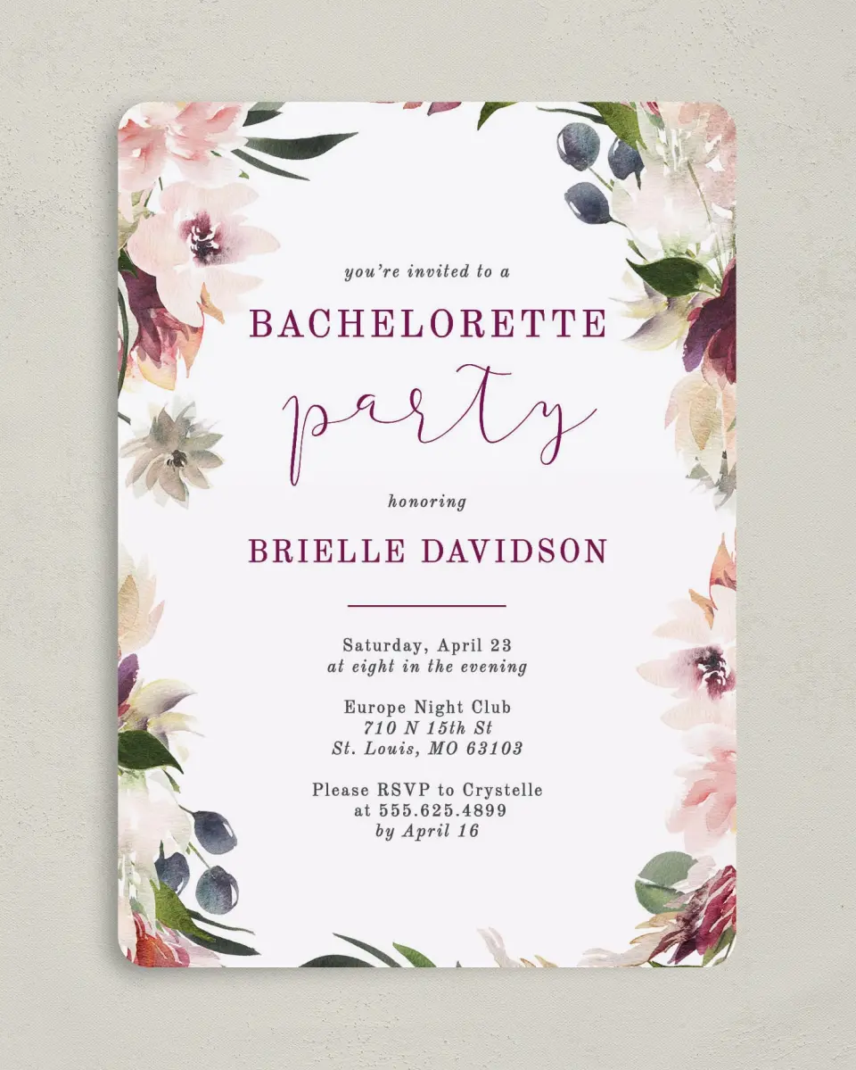 This is a 5" x 7" Bachelorette Party Invitation called Floral Festivity printed in full color on Premium Smooth paper