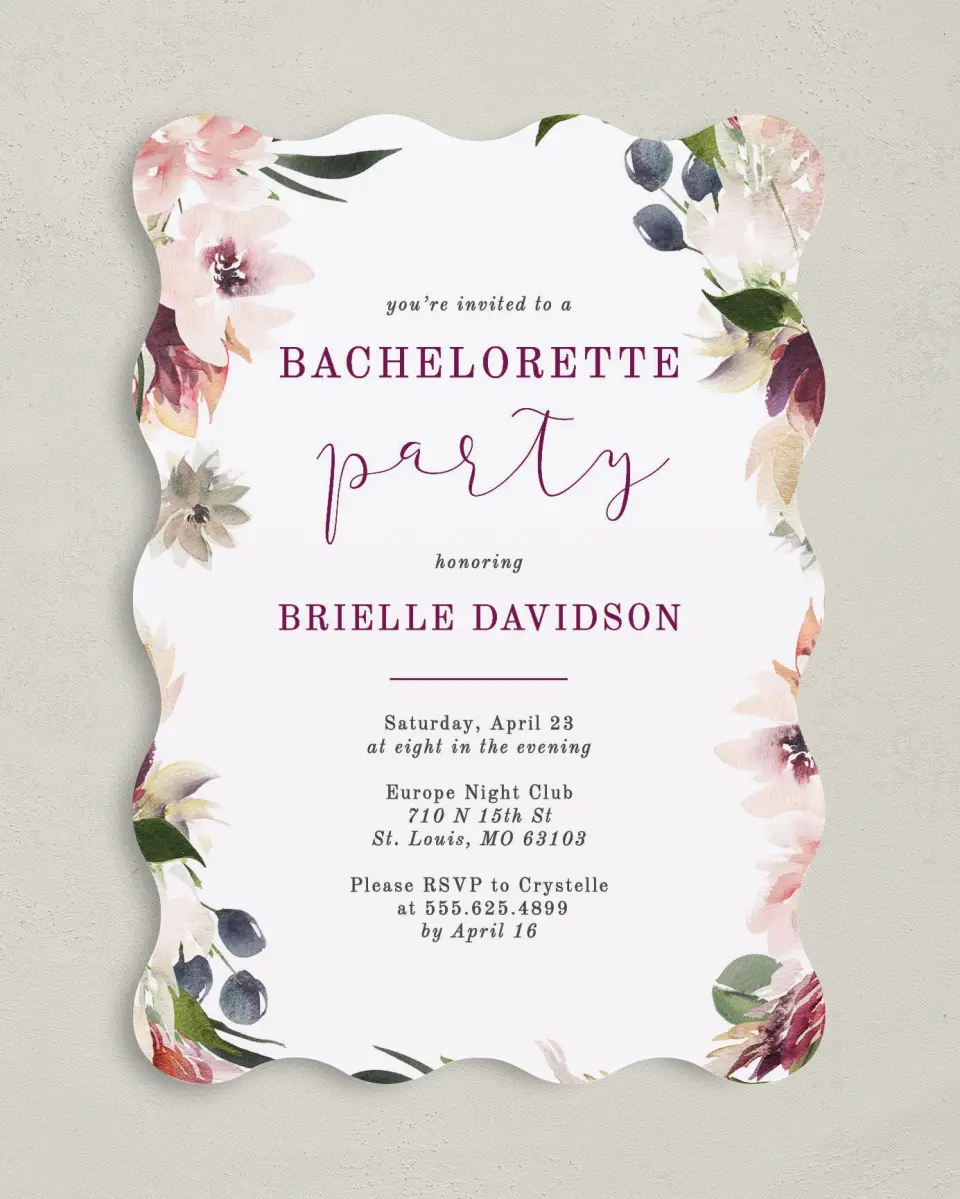 This is a 5" x 7" Bachelorette Party Invitation called Floral Festivity printed in full color on Premium Smooth paper