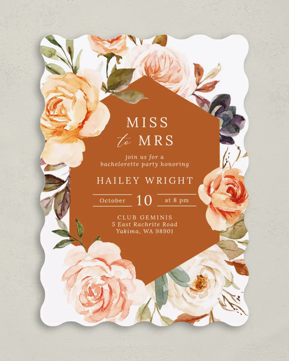 This is a 5" x 7" Bachelorette Party Invitation called Floral Fantasy printed in full color on Premium Smooth paper