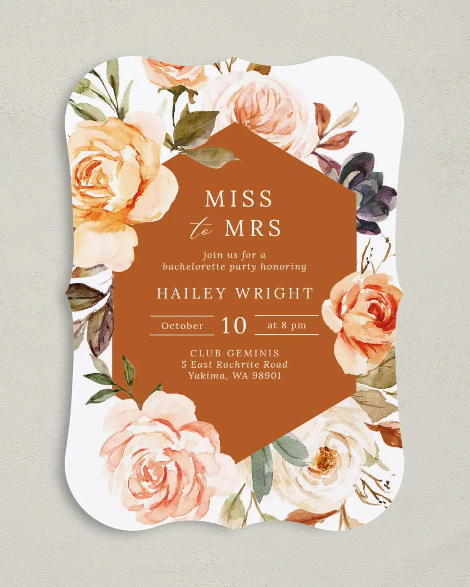 This is a 5" x 7" Bachelorette Party Invitation called Floral Fantasy printed in full color on Premium Smooth paper