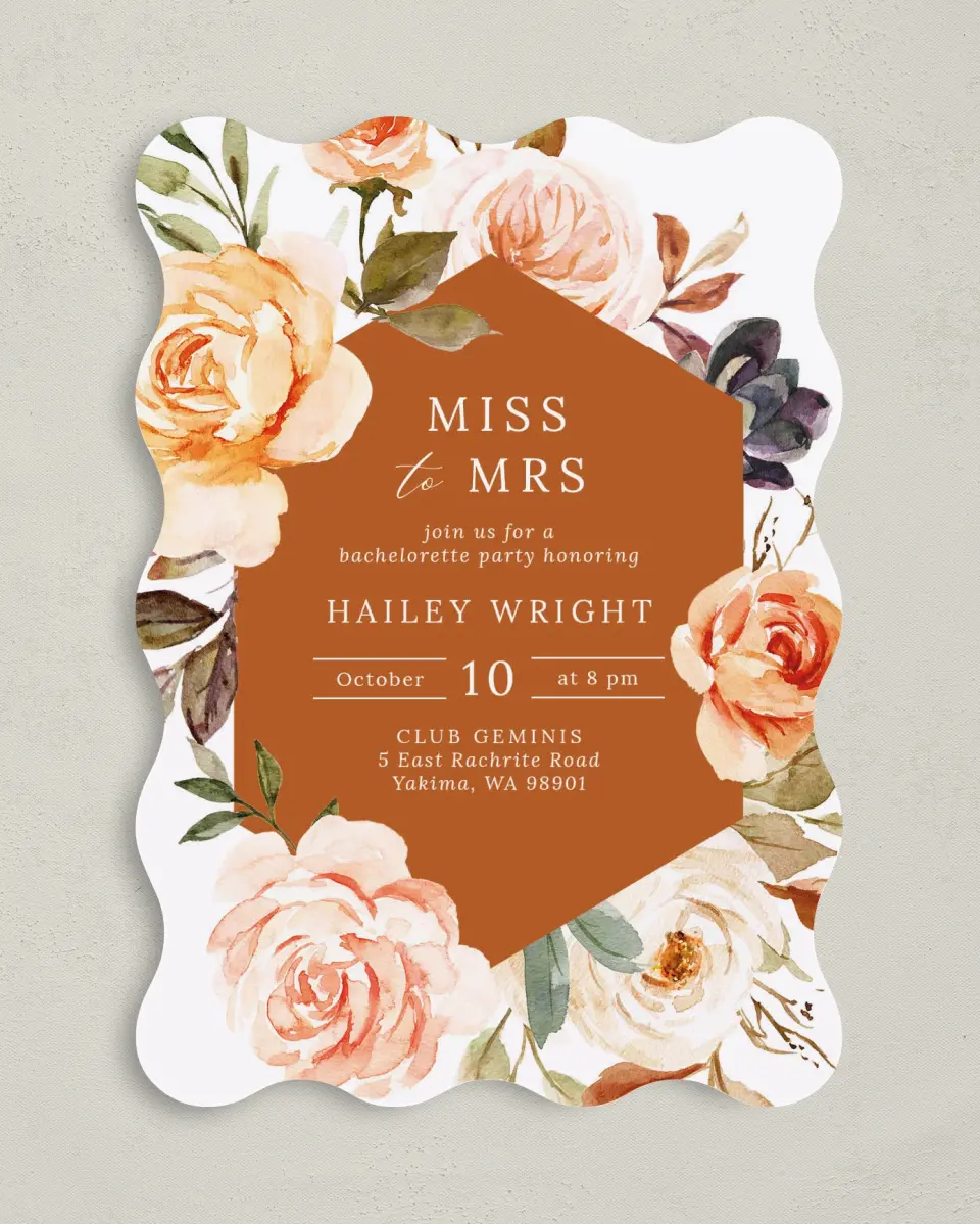 This is a 5" x 7" Bachelorette Party Invitation called Floral Fantasy printed in full color on Premium Smooth paper