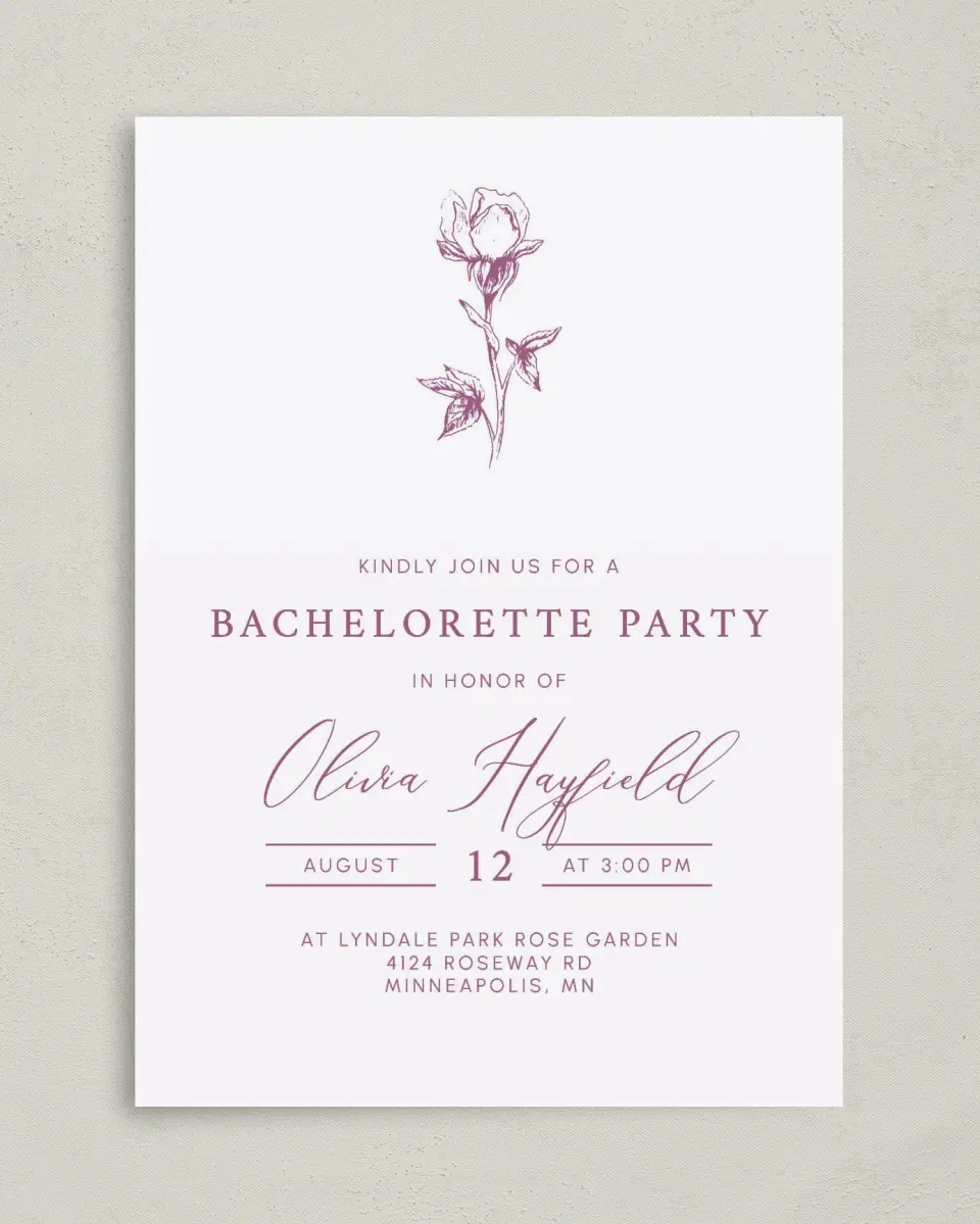 This is a 5" x 7" Bachelorette Party Invitation called Softly Stated printed in full color with Rose Gold foil on Luxe Satin (coated) paper