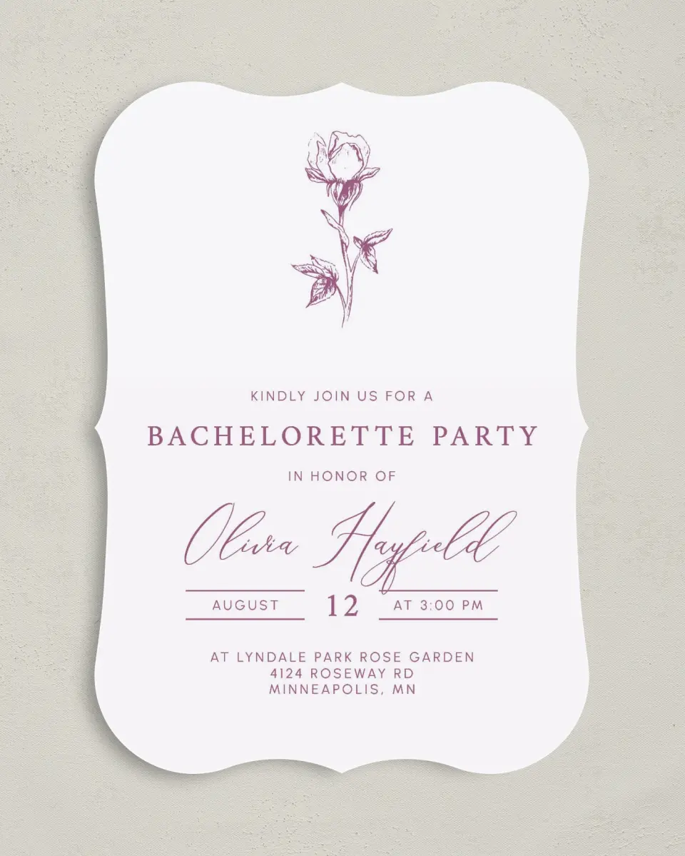 This is a 5" x 7" Bachelorette Party Invitation called Softly Stated printed in full color on Premium Smooth paper