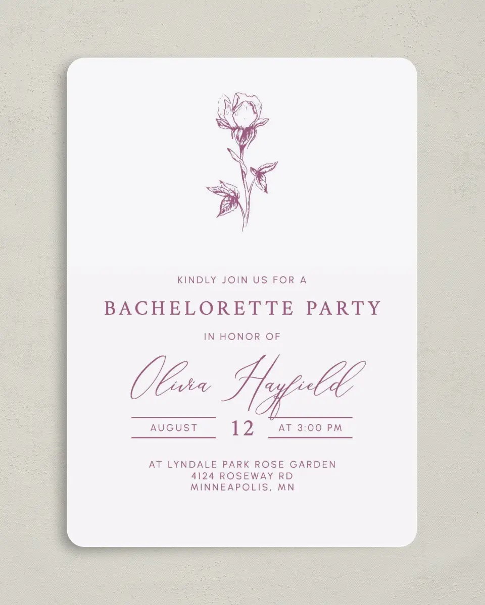 This is a 5" x 7" Bachelorette Party Invitation called Softly Stated printed in full color on Premium Smooth paper