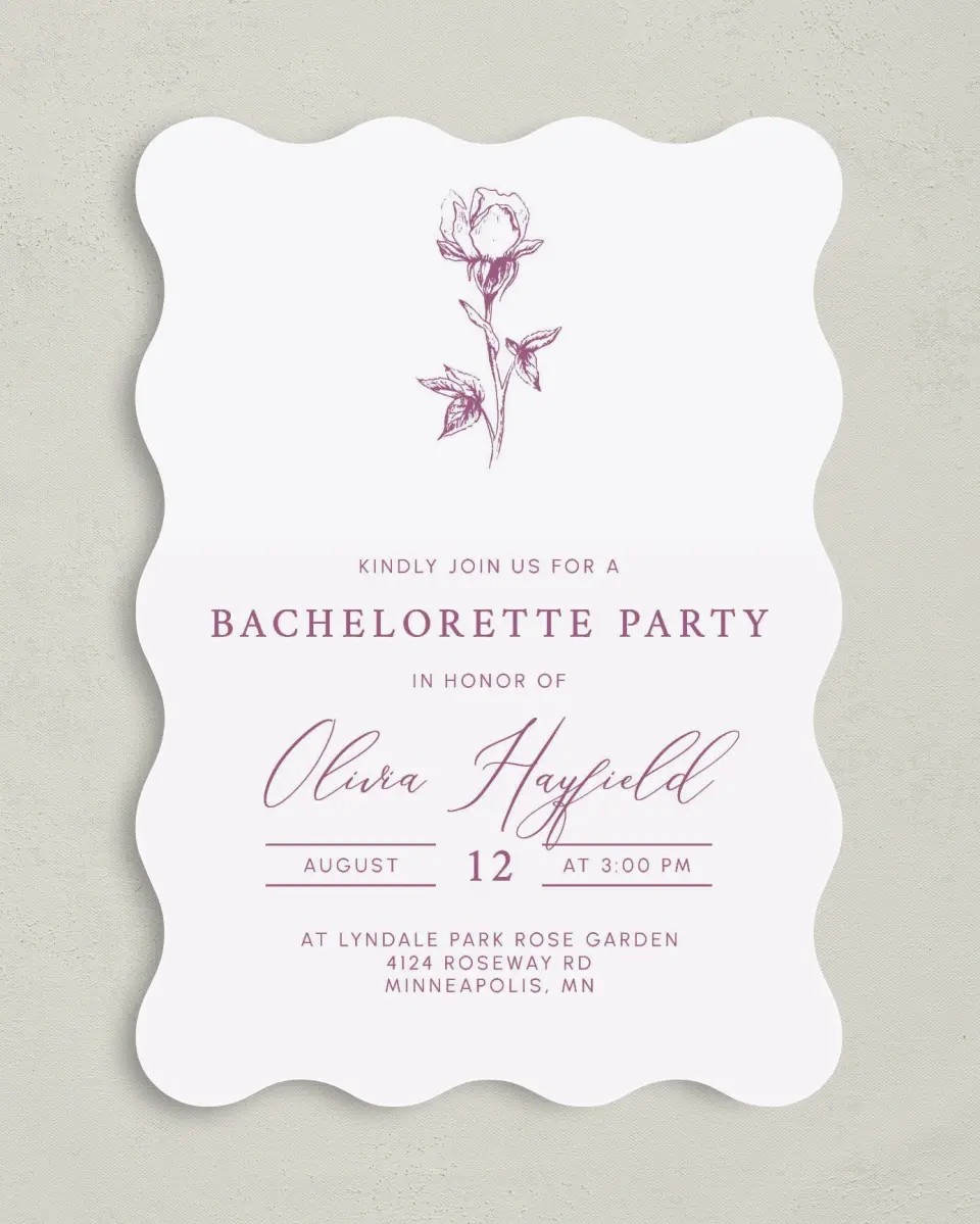 This is a 5" x 7" Bachelorette Party Invitation called Softly Stated printed in full color on Premium Smooth paper