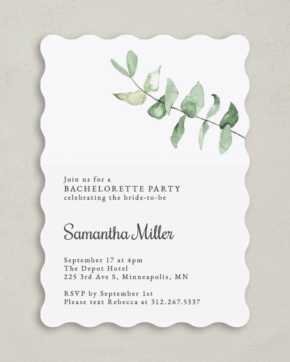 This is a 5" x 7" Bachelorette Party Invitation called Party Leaf printed in full color on Premium Smooth paper