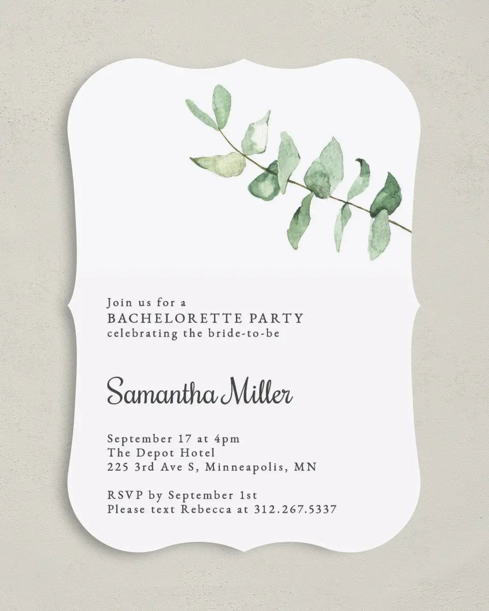 This is a 5" x 7" Bachelorette Party Invitation called Party Leaf printed in full color on Premium Smooth paper