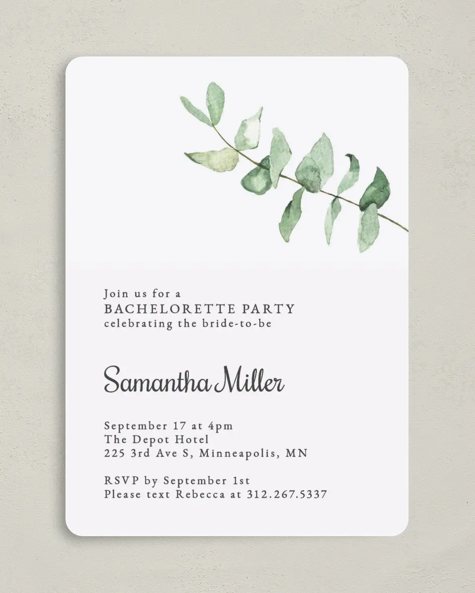 This is a 5" x 7" Bachelorette Party Invitation called Party Leaf printed in full color on Premium Smooth paper