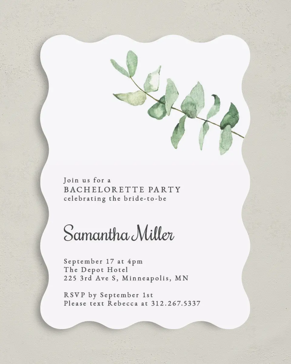 This is a 5" x 7" Bachelorette Party Invitation called Party Leaf printed in full color on Premium Smooth paper