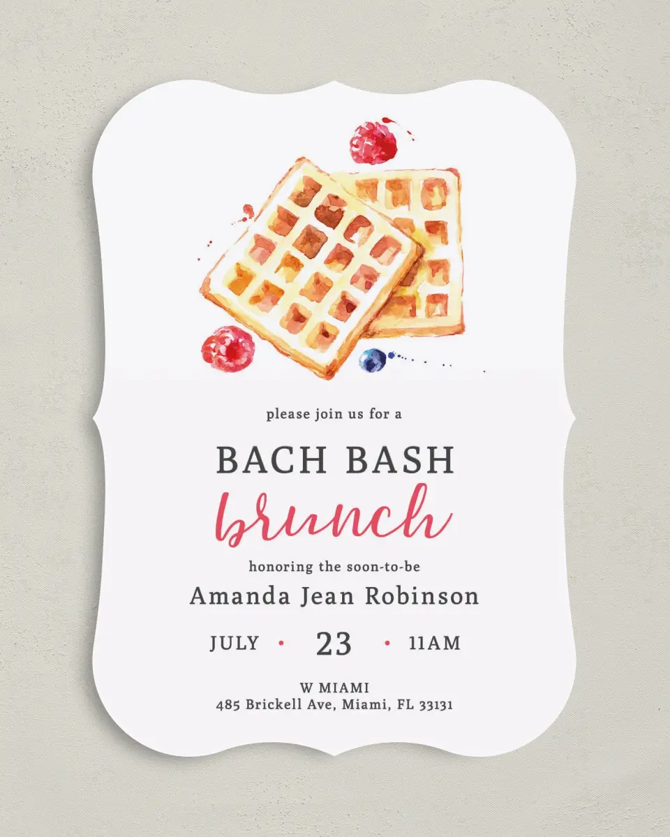 This is a 5" x 7" Bachelorette Party Invitation called Bach Brunch printed in full color with Rose Gold foil on Luxe Satin (coated) paper