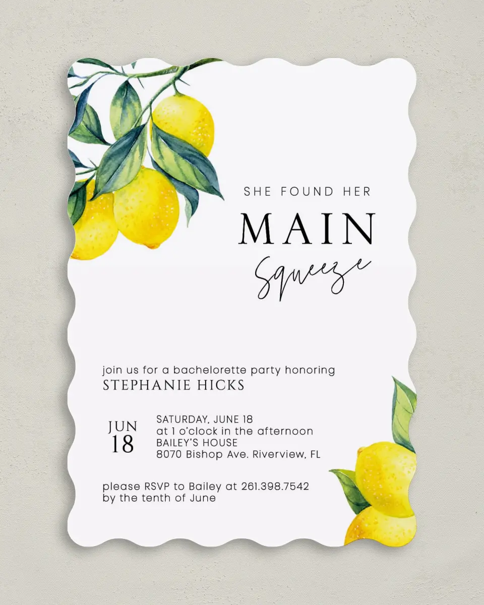 This is a 5" x 7" Bachelorette Party Invitation called Main Squeeze printed in full color on Premium Smooth paper