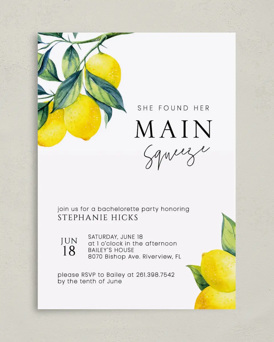 This is a 5" x 7" Bachelorette Party Invitation called Main Squeeze printed in full color on Premium Smooth paper