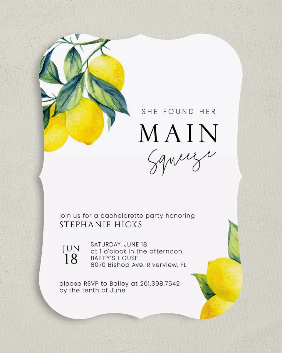 This is a 5" x 7" Bachelorette Party Invitation called Main Squeeze printed in full color on Premium Smooth paper