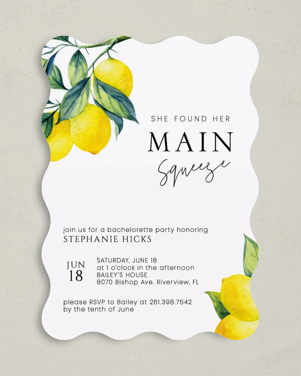 This is a 5" x 7" Bachelorette Party Invitation called Main Squeeze printed in full color on Premium Smooth paper