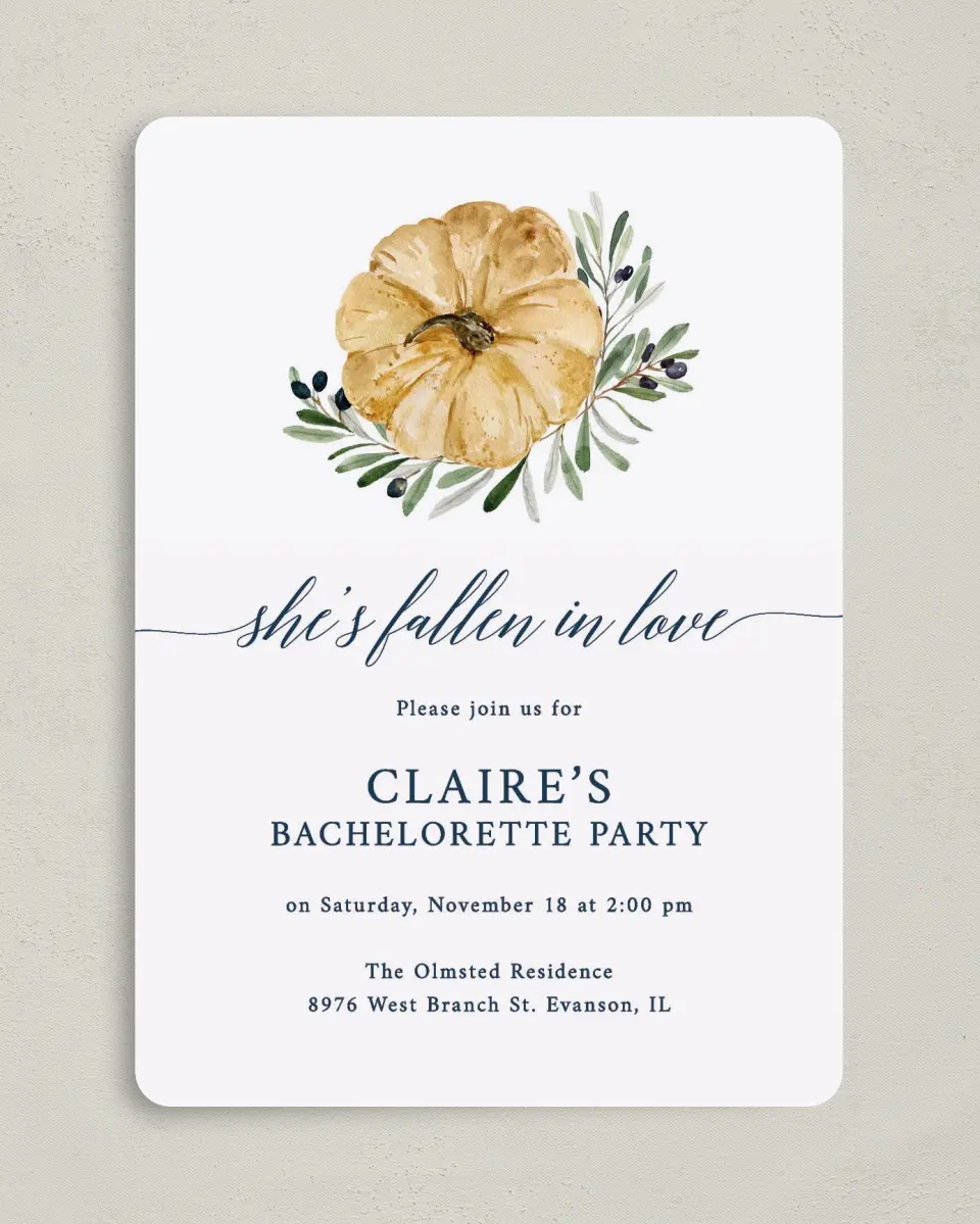 This is a 5" x 7" Bachelorette Party Invitation called Fall Floral printed in full color on Premium Smooth paper