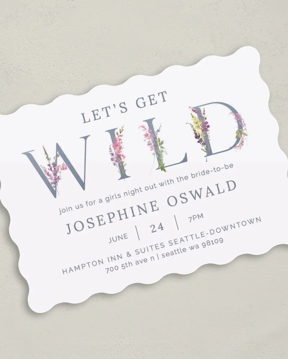 This is a 5" x 7" Bachelorette Party Invitation called Wild Florals printed in full color on Premium Smooth paper