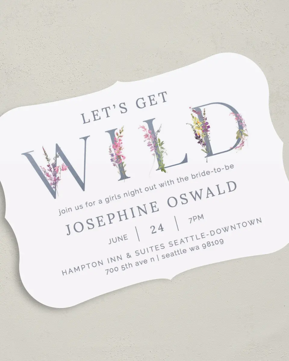 This is a 5" x 7" Bachelorette Party Invitation called Wild Florals printed in full color on Premium Smooth paper