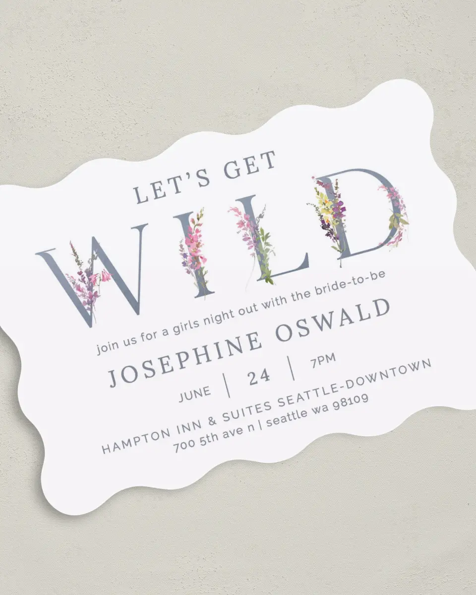 This is a 5" x 7" Bachelorette Party Invitation called Wild Florals printed in full color with Rose Gold foil on Luxe Satin (coated) paper