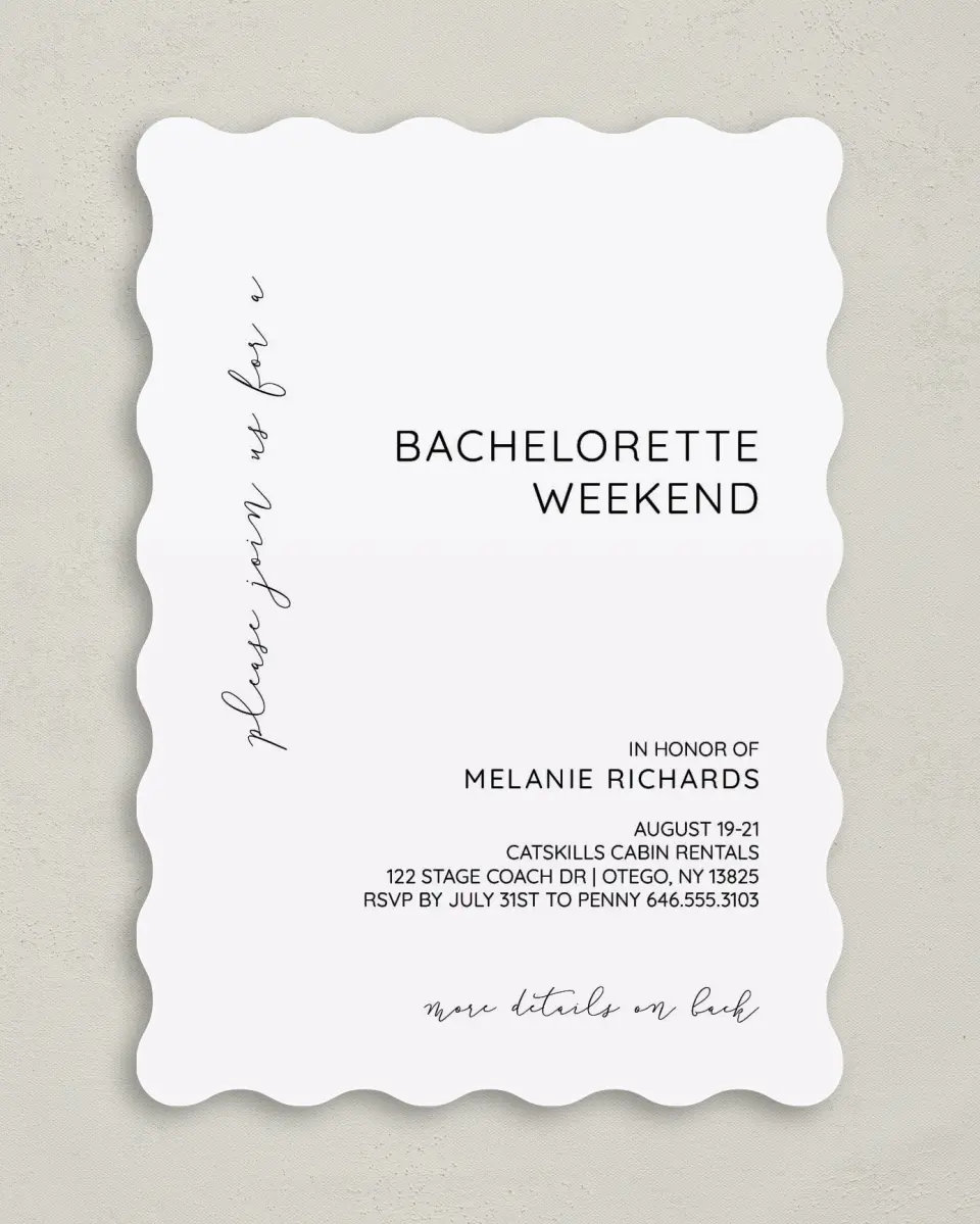 This is a 5" x 7" Bachelorette Party Invitation called Simple Soiree printed in full color on Premium Smooth paper