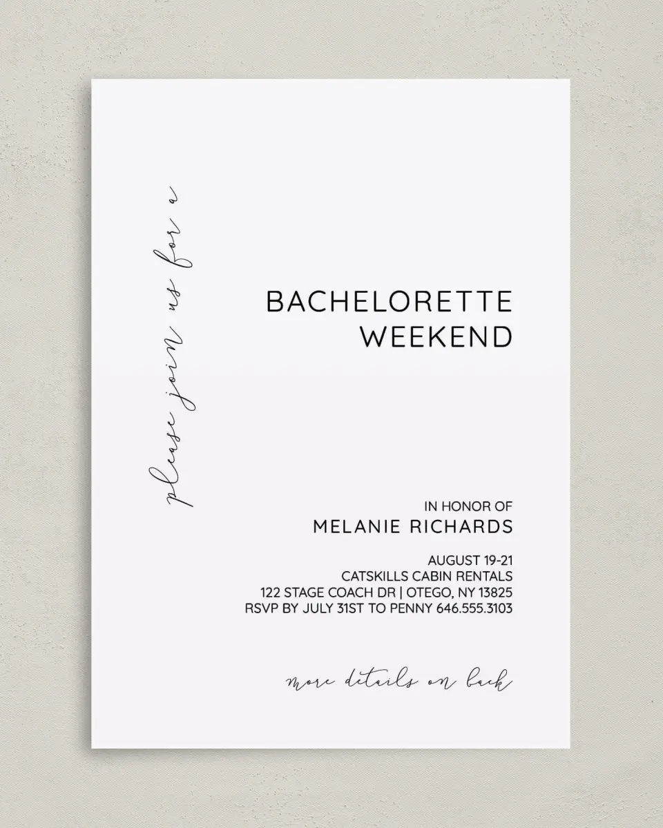 This is a 5" x 7" Bachelorette Party Invitation called Simple Soiree printed in full color on Premium Smooth paper