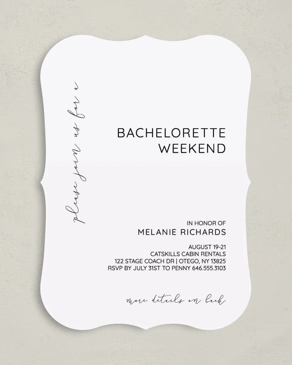 This is a 5" x 7" Bachelorette Party Invitation called Simple Soiree printed in full color on Premium Smooth paper
