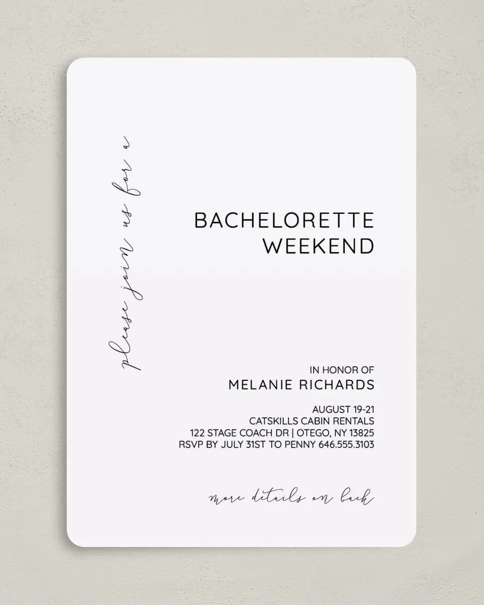 This is a 5" x 7" Bachelorette Party Invitation called Simple Soiree printed in full color on Premium Smooth paper