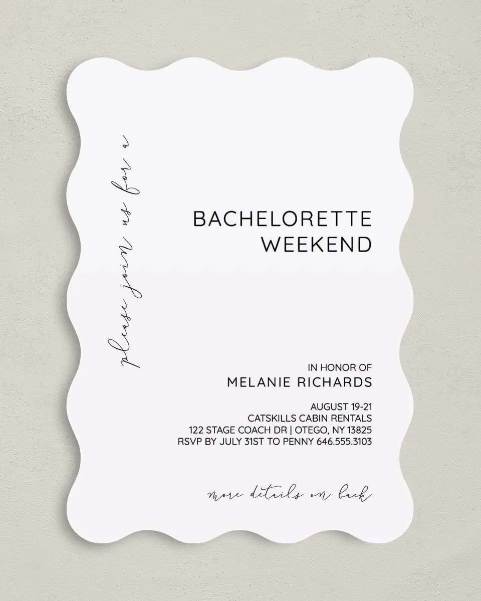 This is a 5" x 7" Bachelorette Party Invitation called Simple Soiree printed in full color on Premium Smooth paper