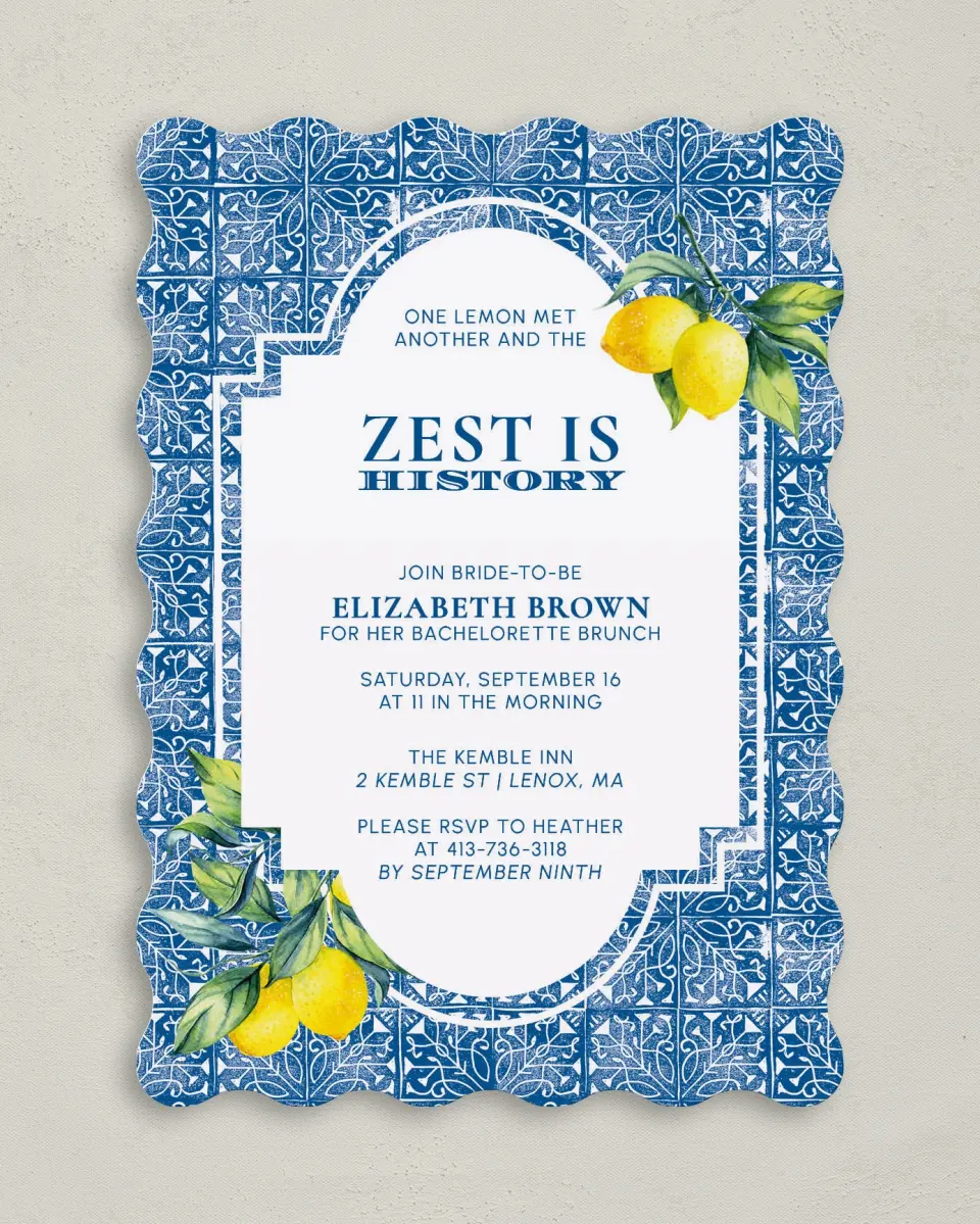 This is a 5" x 7" Bachelorette Party Invitation called Tiled Lemon printed in full color on Premium Smooth paper