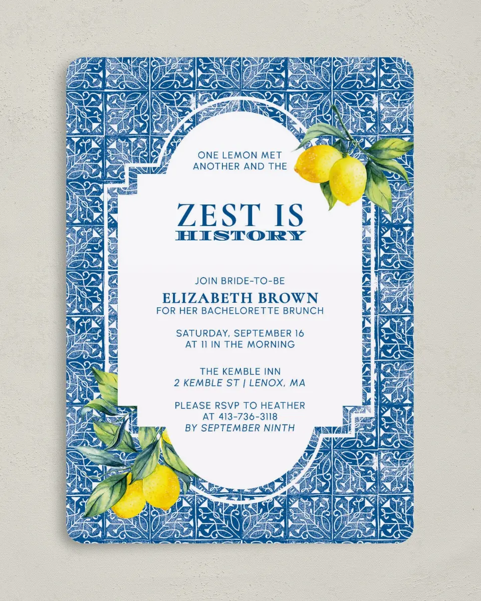 This is a 5" x 7" Bachelorette Party Invitation called Tiled Lemon printed in full color on Premium Smooth paper