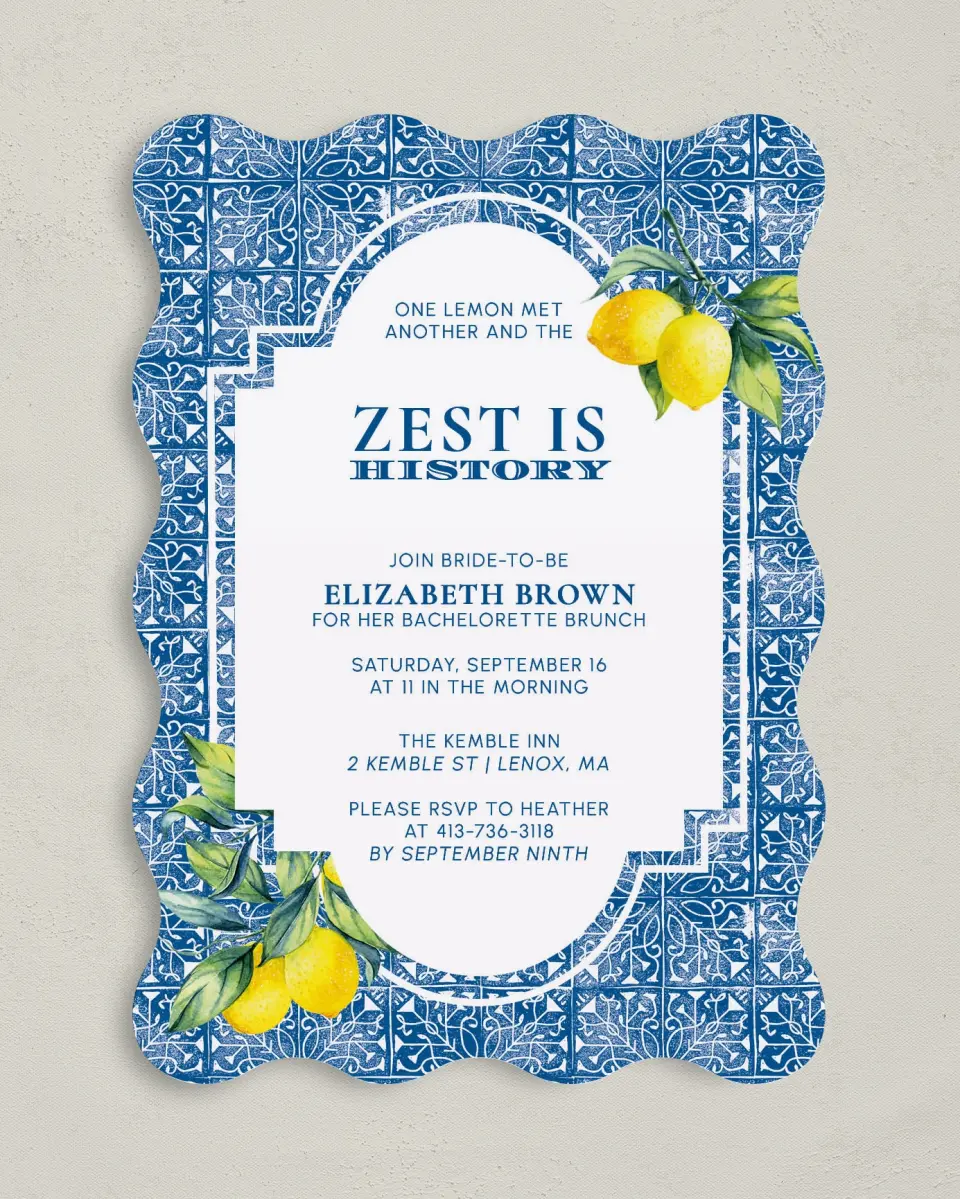 This is a 5" x 7" Bachelorette Party Invitation called Tiled Lemon printed in full color on Premium Smooth paper