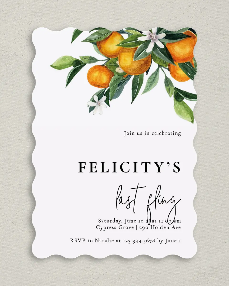 This is a 5" x 7" Bachelorette Party Invitation called Citrus Fling printed in full color on Premium Smooth paper