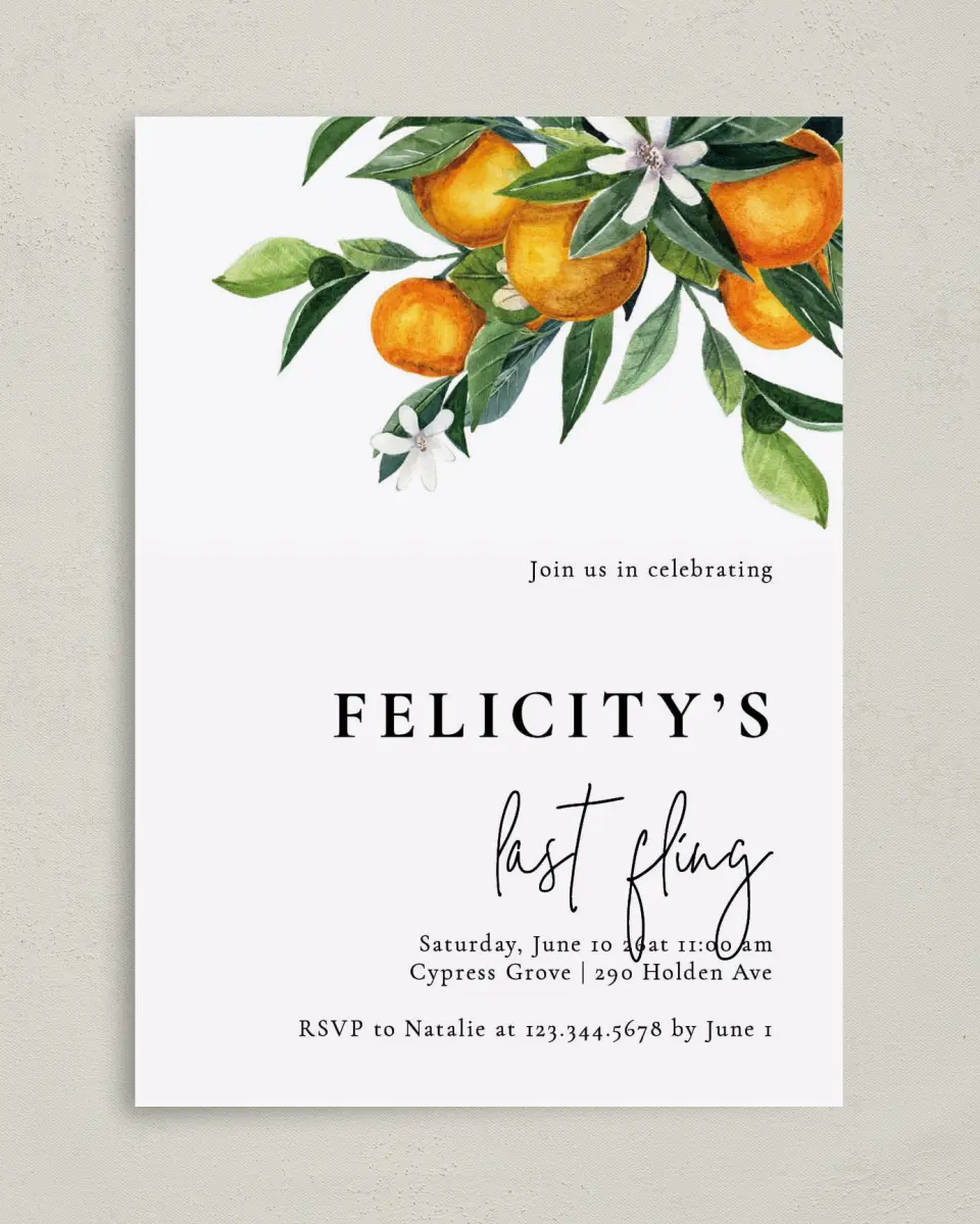This is a 5" x 7" Bachelorette Party Invitation called Citrus Fling printed in full color on Premium Smooth paper