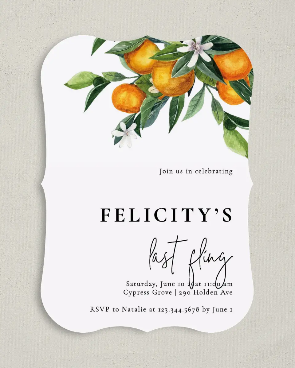 This is a 5" x 7" Bachelorette Party Invitation called Citrus Fling printed in full color on Premium Smooth paper