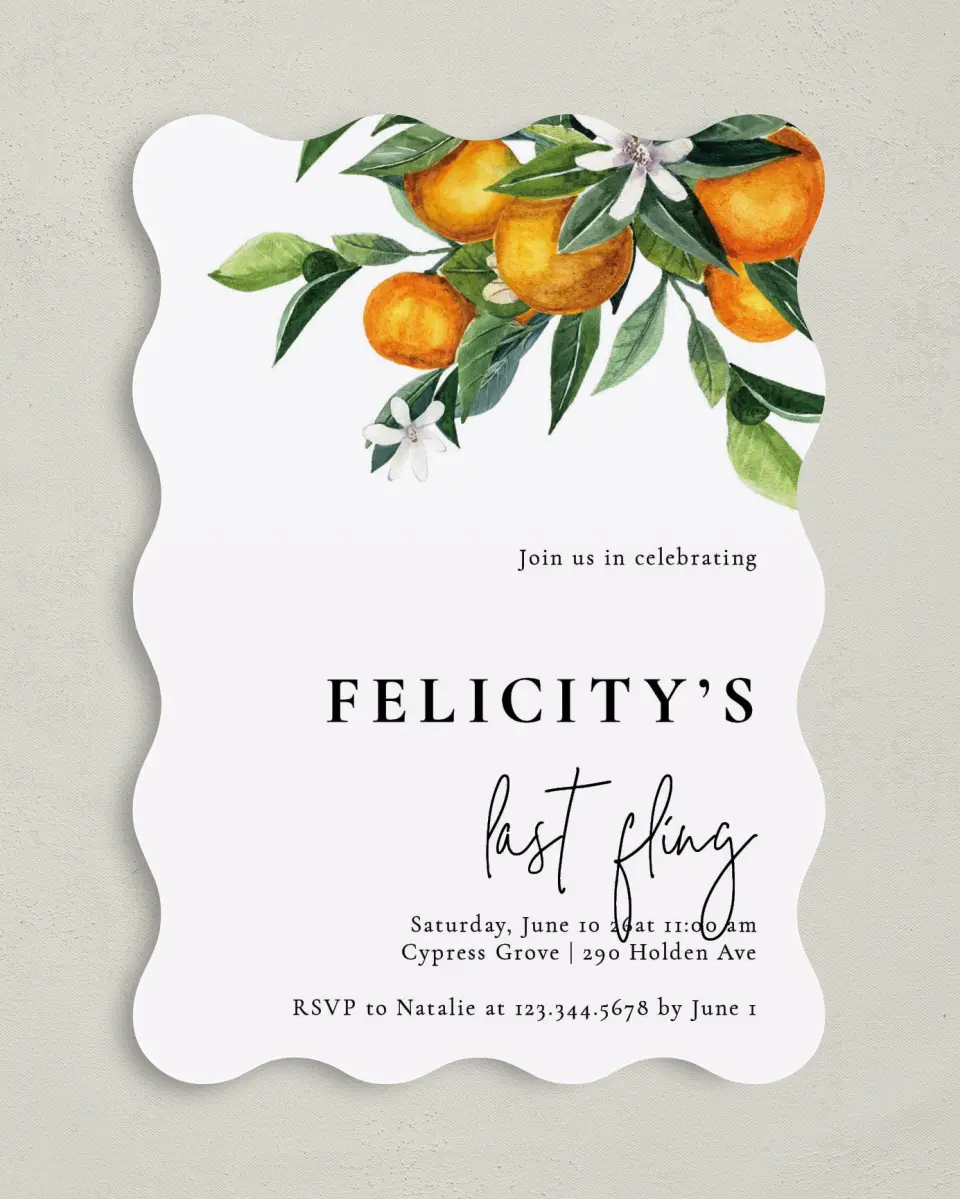 This is a 5" x 7" Bachelorette Party Invitation called Citrus Fling printed in full color on Premium Smooth paper