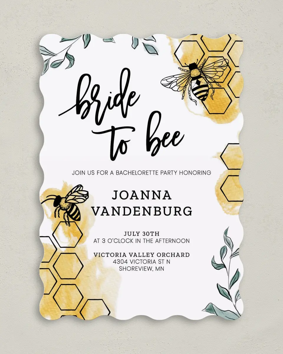 This is a 5" x 7" Bachelorette Party Invitation called Bride to Bee printed in full color on Premium Smooth paper