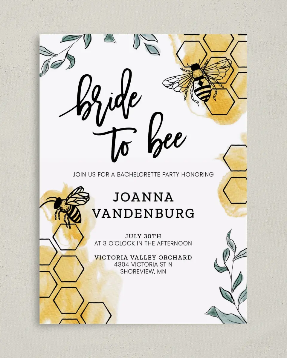This is a 5" x 7" Bachelorette Party Invitation called Bride to Bee printed in full color on Premium Smooth paper