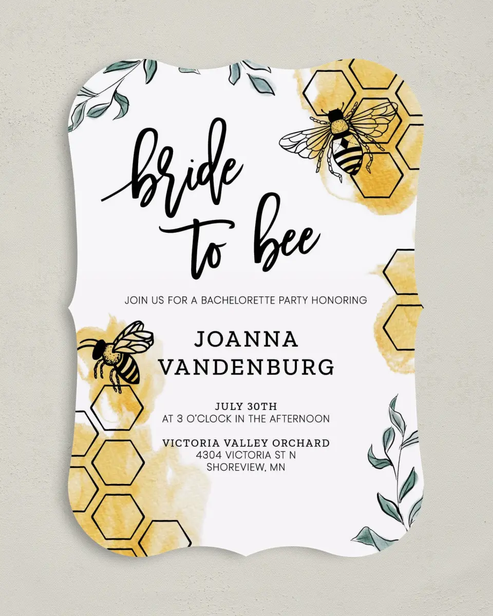 This is a 5" x 7" Bachelorette Party Invitation called Bride to Bee printed in full color on Premium Smooth paper