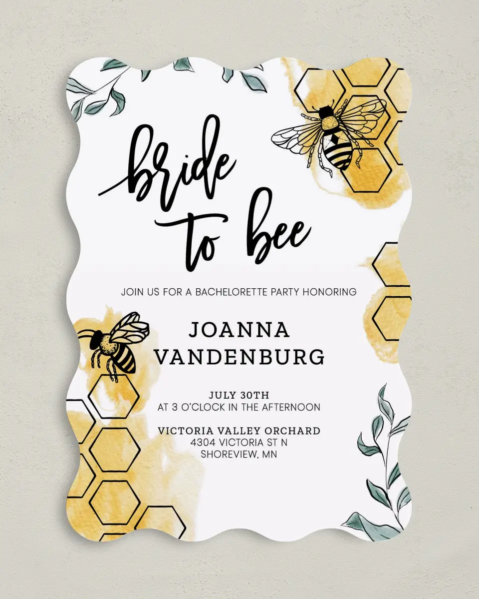 This is a 5" x 7" Bachelorette Party Invitation called Bride to Bee printed in full color on Premium Smooth paper