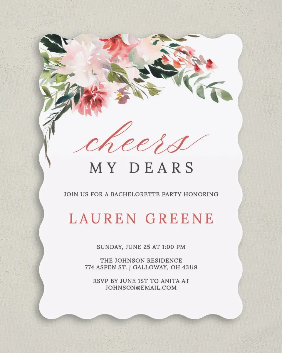This is a 5" x 7" Bachelorette Party Invitation called Blooming Brunch printed in full color on Premium Smooth paper